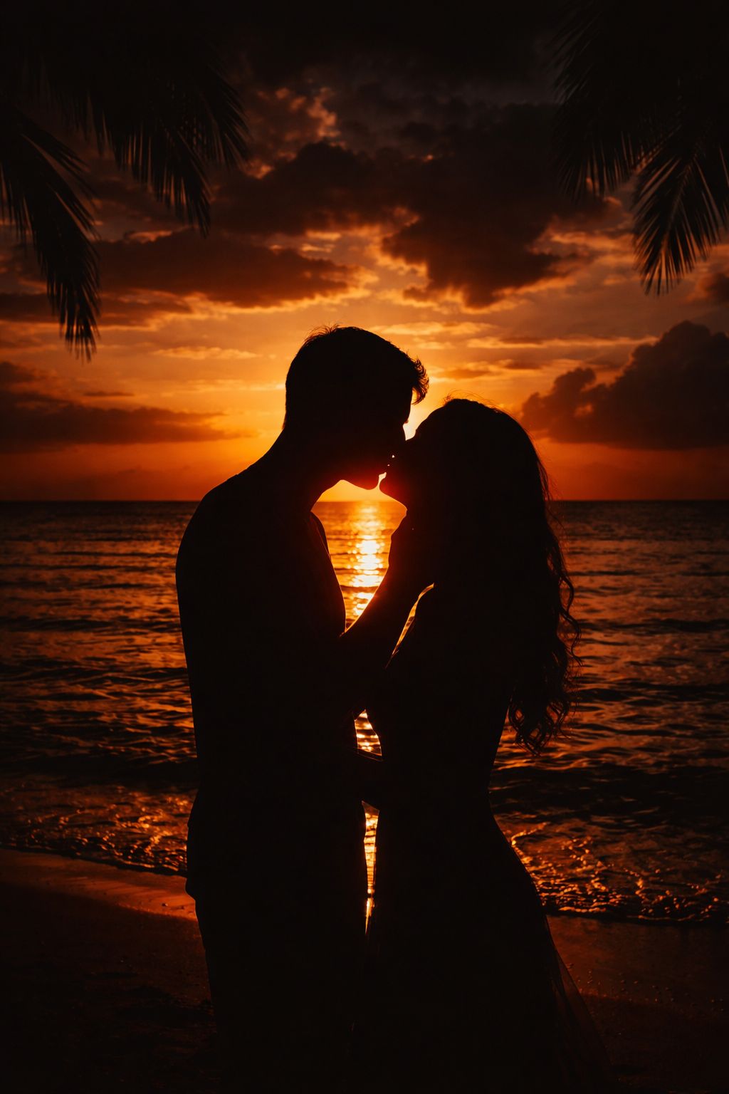 Couple kissing at sunset on the beach